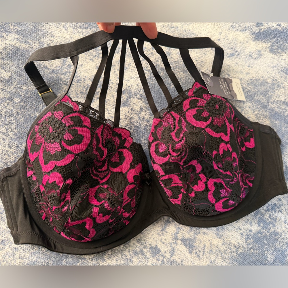 NWT Cacique Black Balconette Bra with Fuchsia Floral Lace Overlay Lightly Lined